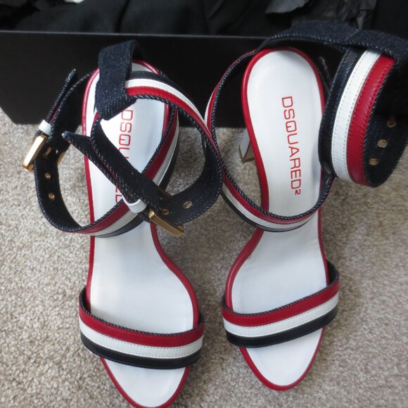 NIB DSQUARED2 Red White and Navy Blue High Heel Platform Sandals - Picture 9 of 10